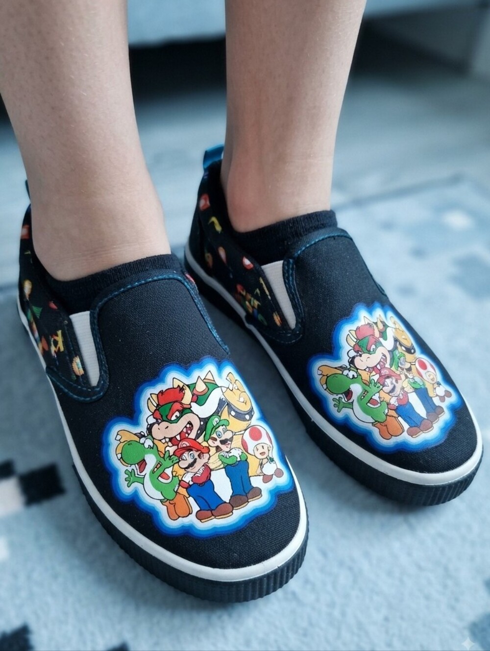 Super Mario & Bowser Character Slip-On Sneakers Kids Size 3 Casual Fun Gaming